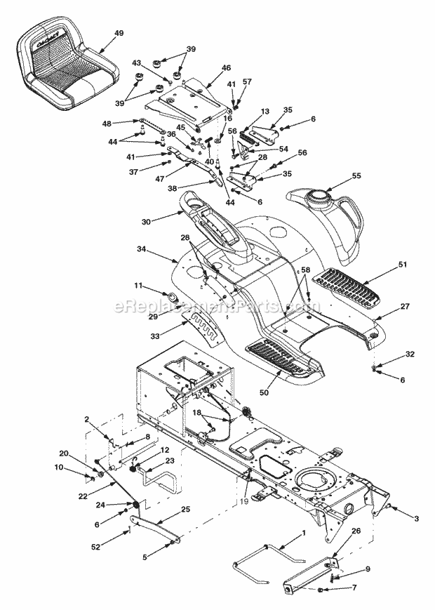 Fender, Seat & Deck Lift Diagram and Parts List for GT1222 14AB13CH710 Cub Cadet Lawn Tractor